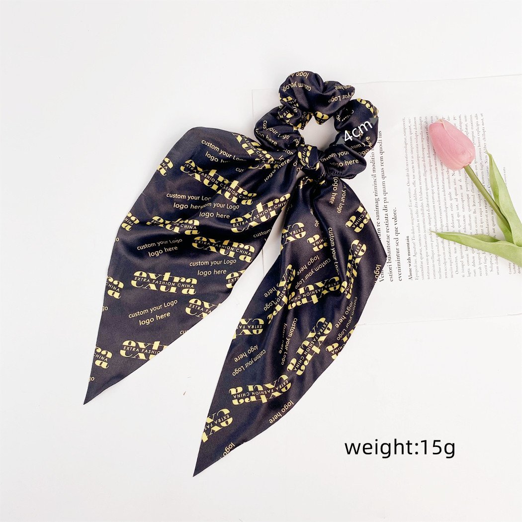 Wholesale custom printing logo scrunchy with bow satin ribbon hairband long scrunchies silk scarf scrunchies for women