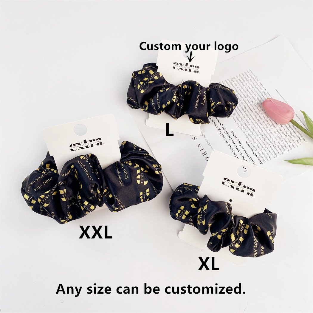 Wholesale custom printing logo scrunchy with bow satin ribbon hairband long scrunchies silk scarf scrunchies for women