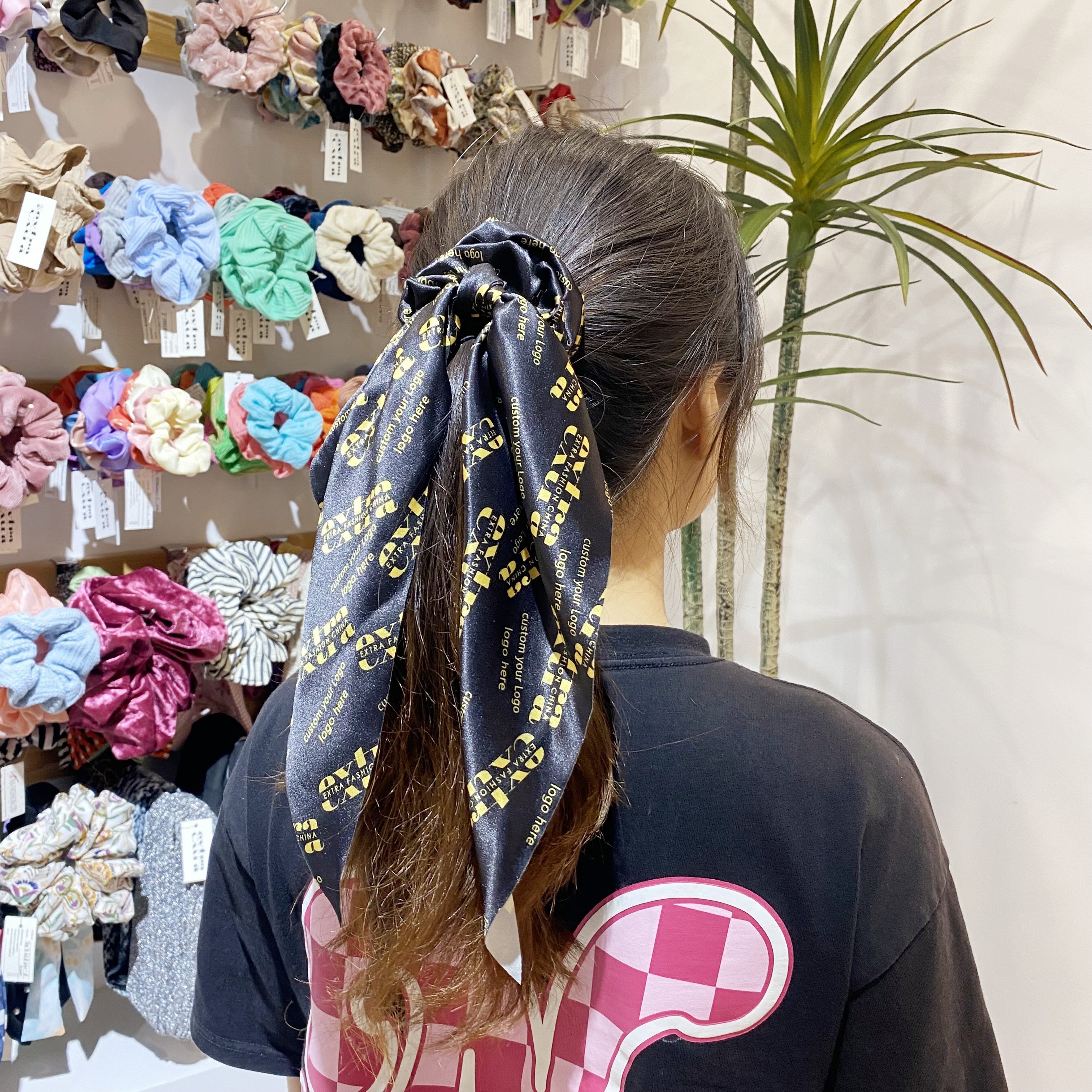 Wholesale custom printing logo scrunchy with bow satin ribbon hairband long scrunchies silk scarf scrunchies for women