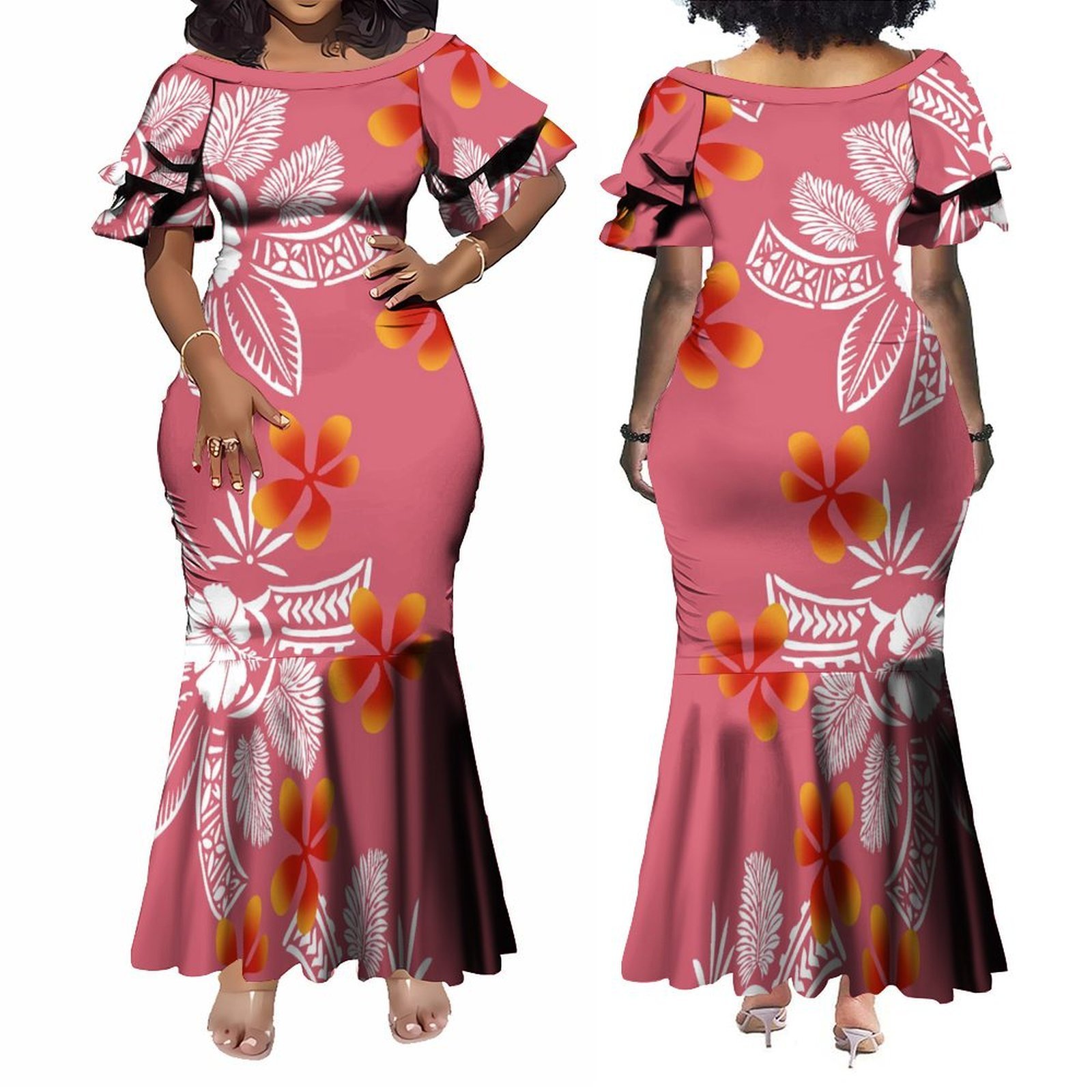 2024 New Design Custom Hawaiian Style Hibiscus Flower Fishtail Island Dresses Big Size Ladies Ruffle Sleeve Maxi Party Dress