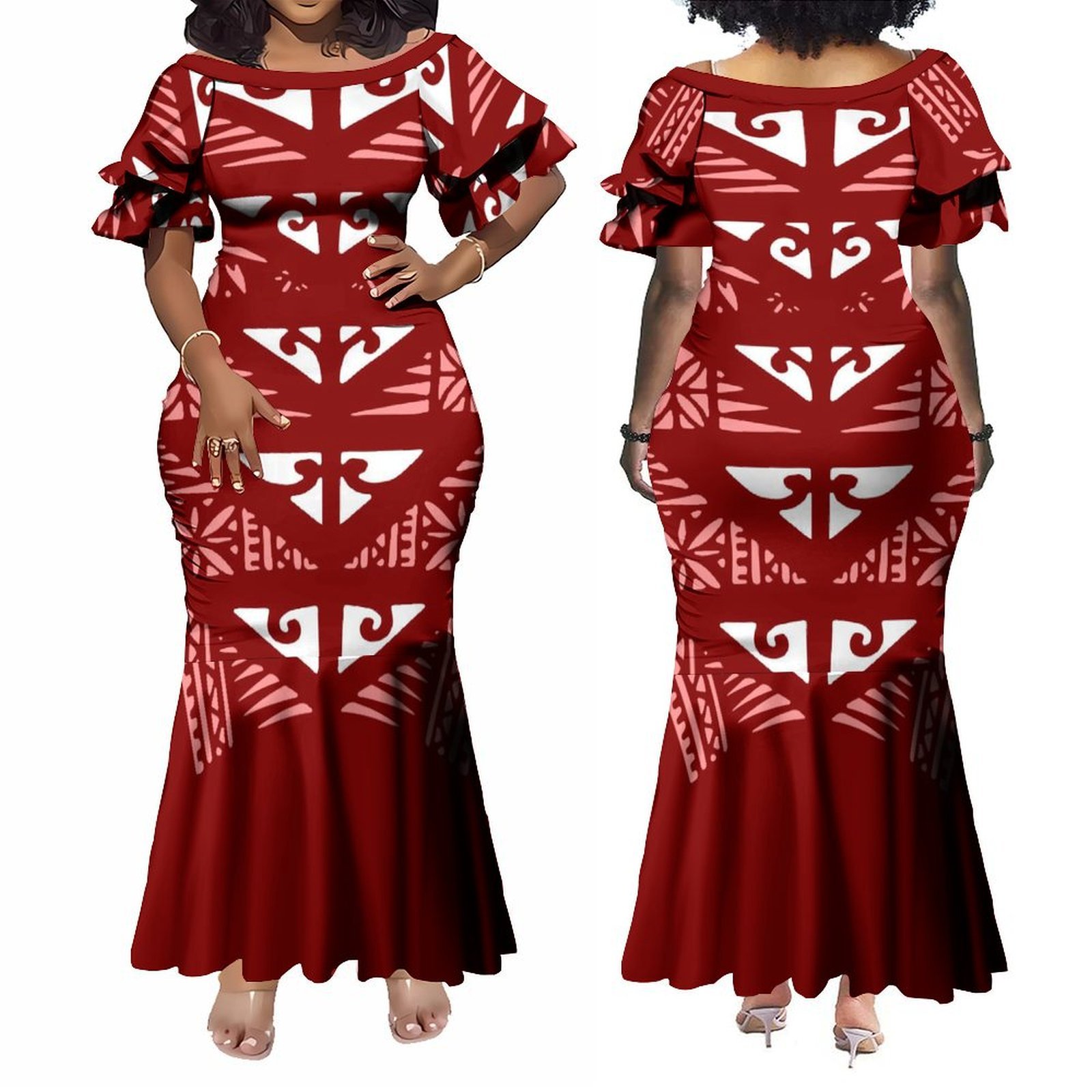 2024 New Design Custom Hawaiian Style Hibiscus Flower Fishtail Island Dresses Big Size Ladies Ruffle Sleeve Maxi Party Dress