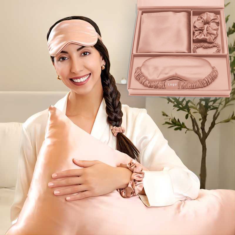 Custom gift box pure silk eye mask scrunchie and silk pillowcase 3 pieces satin 100% mulberry silk pillow case set