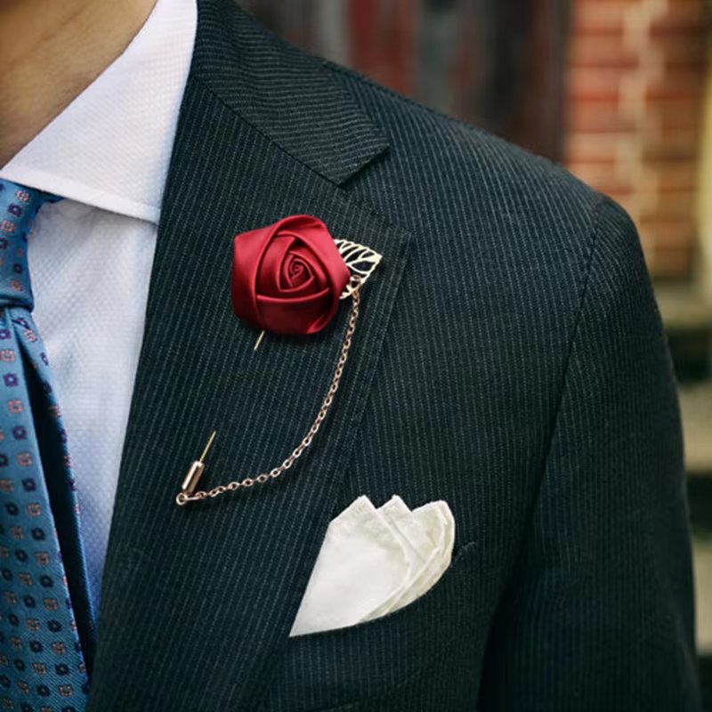 Gold leaf rose brooch long pin with chain neutral suit neckline accessories wholesale/retail