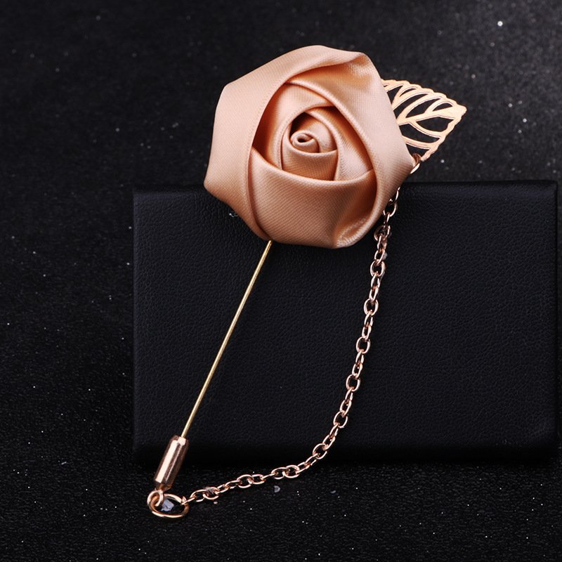 Gold leaf rose brooch long pin with chain neutral suit neckline accessories wholesale/retail