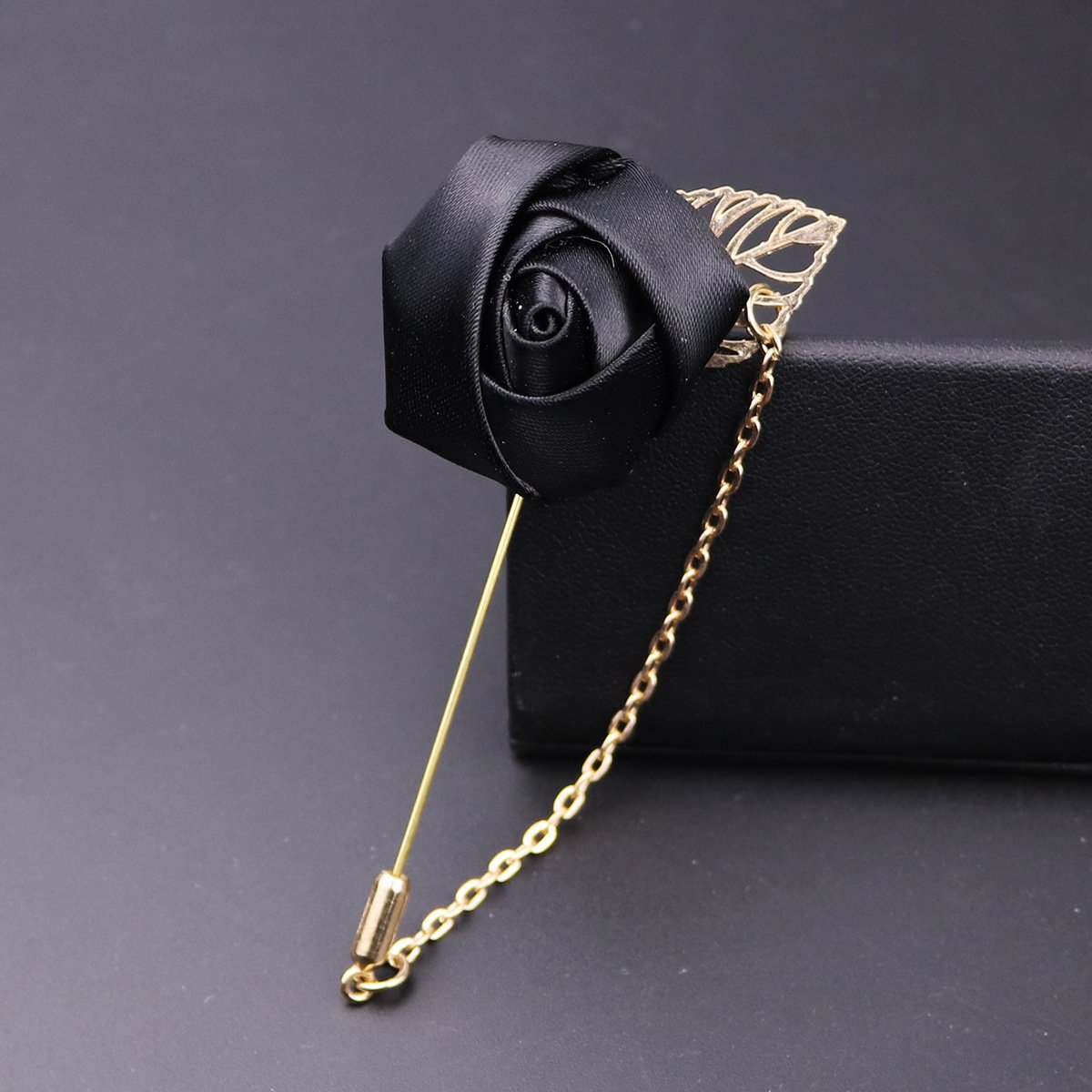 Gold leaf rose brooch long pin with chain neutral suit neckline accessories wholesale/retail