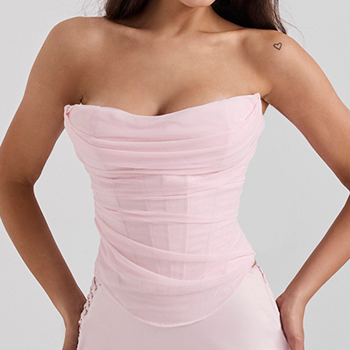 Super Quality Summer Fishbone Tops & Tees Pink Mesh Corset Top Sexy Casual Strapless Club Holiday Partywear Women's Clothing