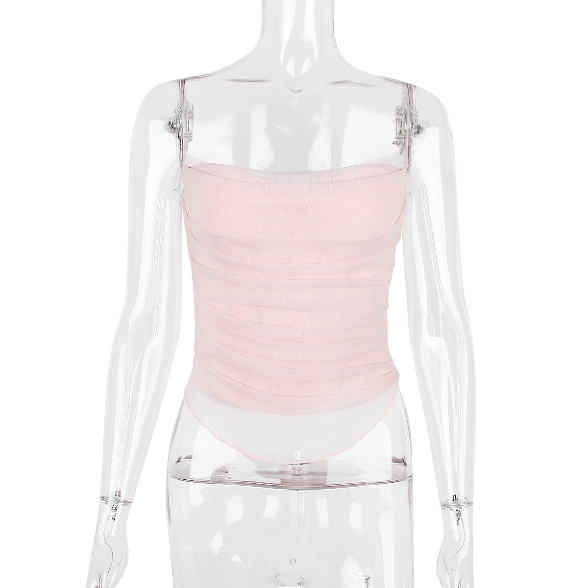 Super Quality Summer Fishbone Tops & Tees Pink Mesh Corset Top Sexy Casual Strapless Club Holiday Partywear Women's Clothing