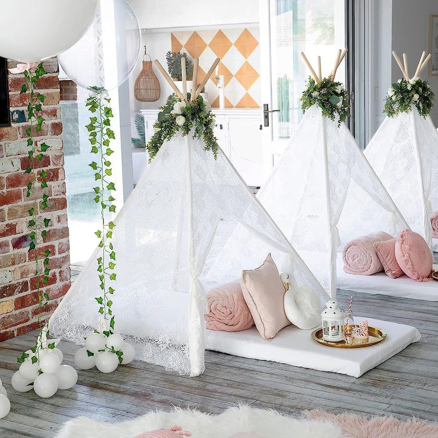 Slumber Parties Wedding Kids Sheer Lace Teepee Tent Girls Outdoor Beach Picnic Princess Castle White Teepee Tent