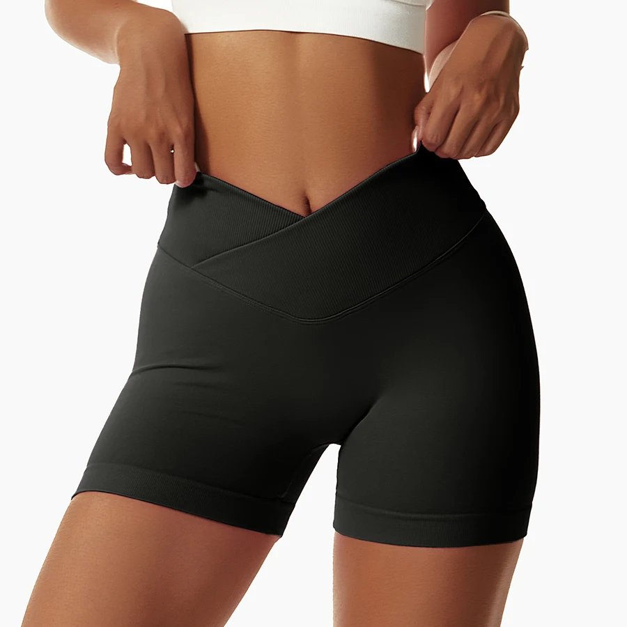 Women Cross High Waist Pilates Shorts Lady Abdomen Solid Color Gym Sports Pants Lady High Stretch Seamless Outdoor Shorts