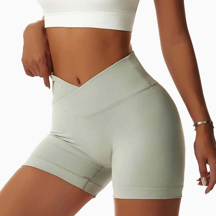 Women Cross High Waist Pilates Shorts Lady Abdomen Solid Color Gym Sports Pants Lady High Stretch Seamless Outdoor Shorts