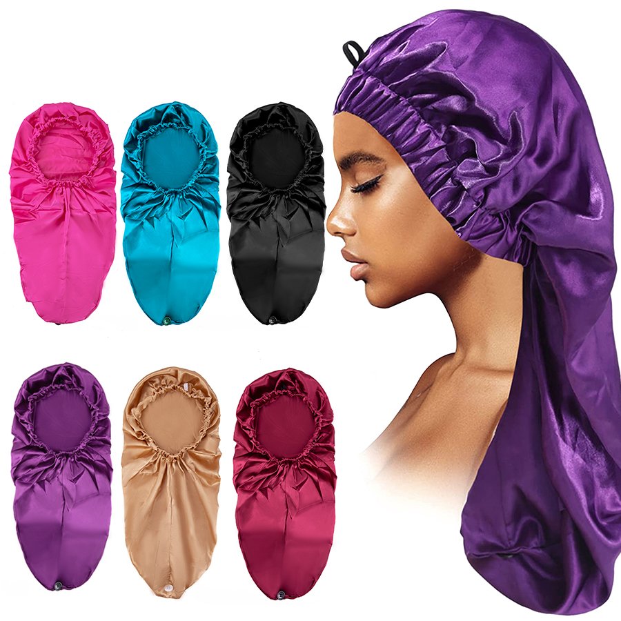 Custom Logo Adjustable Double Single Layer Wide Band Night Sleep Bonnet Braid Satin Lined Designer Women Hair Bonnets with Tie