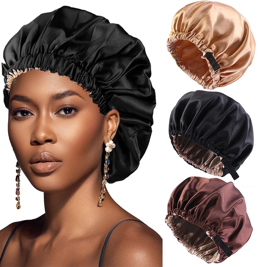 Custom Logo Adjustable Double Single Layer Wide Band Night Sleep Bonnet Braid Satin Lined Designer Women Hair Bonnets with Tie
