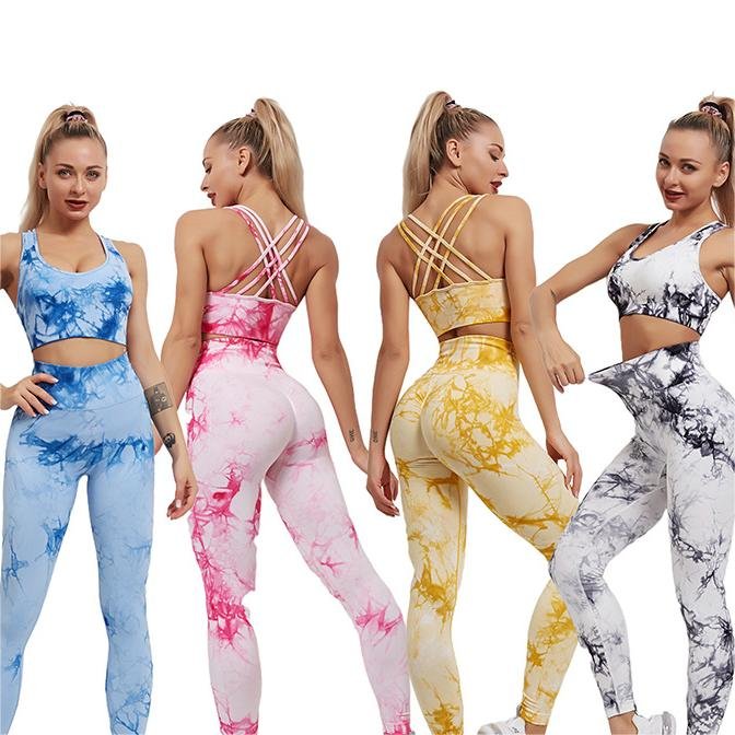 Custom Logo Hot Solid Seamless 2 Pieces Tie Dye Yoga Leggings Sexy Bra Sport Fitness Gym Wear Workout Women Yoga Pants Yoga sets