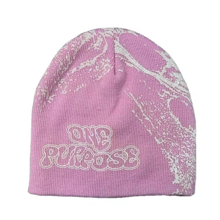 Wholesale Custom Logo Embroidery Custom Sublimation All Over Printed Y2K Unisex Knit Winter Cuffless Beanie Hat LOW MOQ
