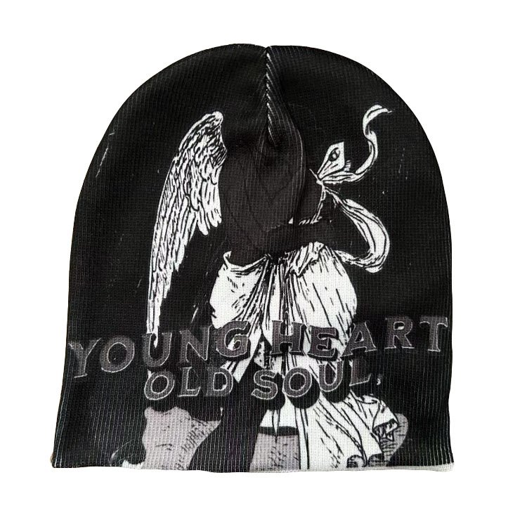Wholesale Custom Logo Embroidery Custom Sublimation All Over Printed Y2K Unisex Knit Winter Cuffless Beanie Hat LOW MOQ