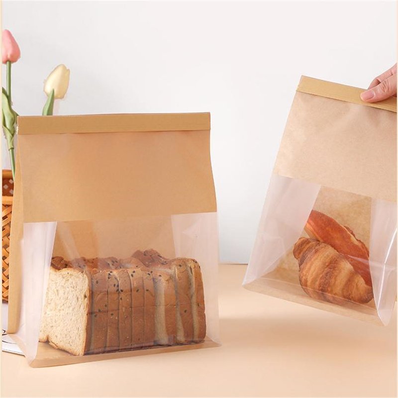 Custom Cheap Easy Open Bread Cookie Storage Flat Bottom packaging reutilization Paper Baked Sandwich Bags with Tin Tie Window