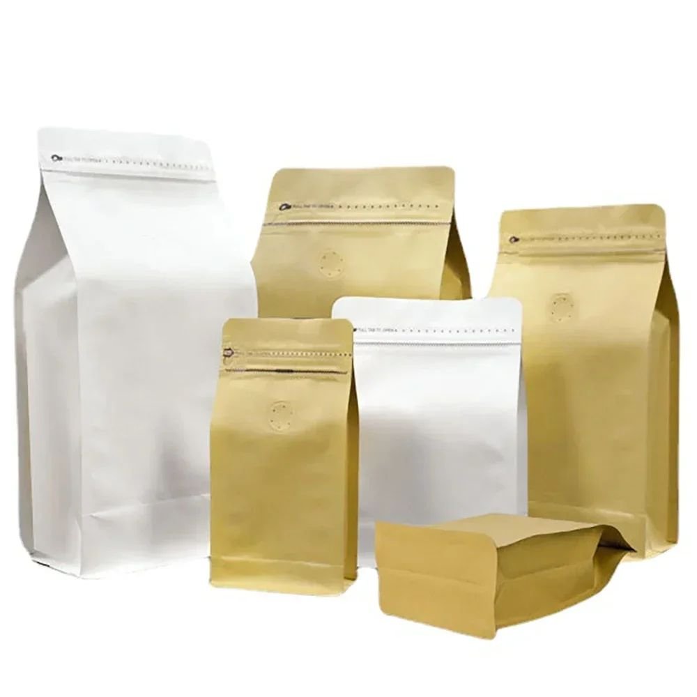 Biodegradable Compostable 250Gr Tin Tie Flat Bottom Coffee Kraft Paper Pouch Packaging Tea Coffee Bag With Valve To Pack Coffee