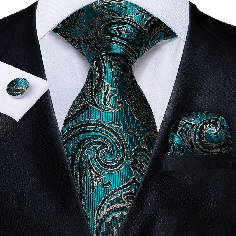 Custom Design Green Ties Mens Jacquard Woven Silk Neck Ties with Pocket Square