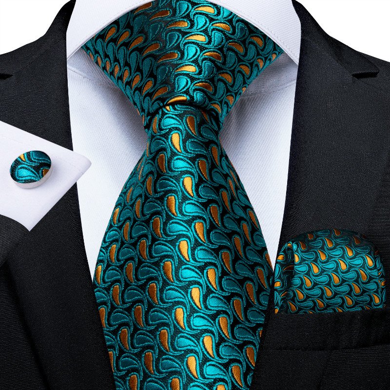Custom Design Green Ties Mens Jacquard Woven Silk Neck Ties with Pocket Square