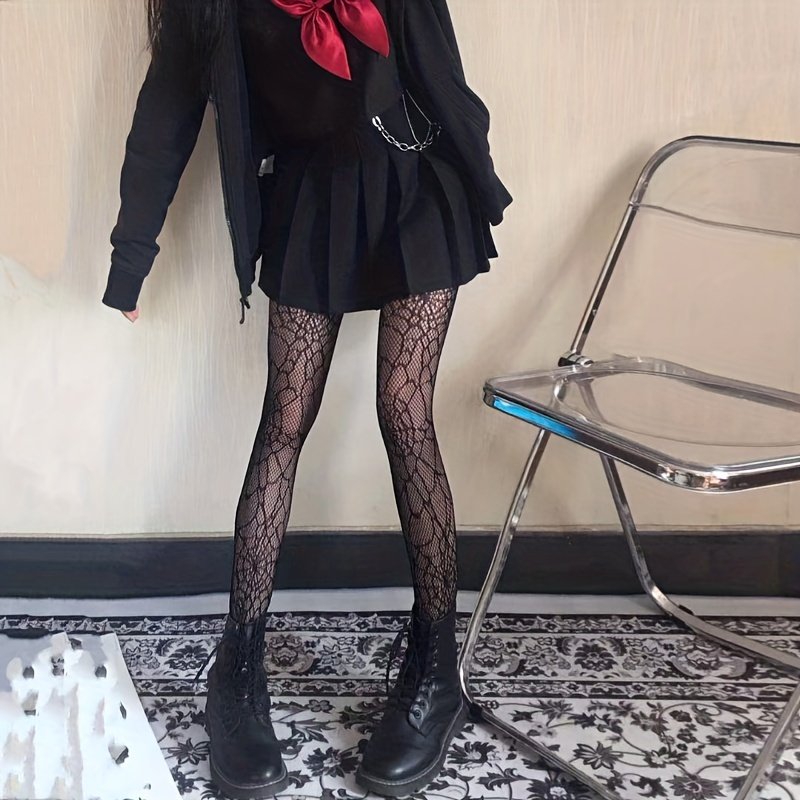 Women's mesh pantyhose with spider pattern tight fitting suit, hollowed out knitted Christmas fishing net, women's stockings