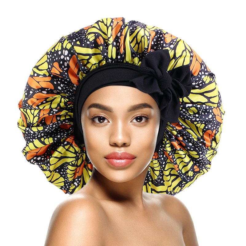 New Arrival Extra Size Satin Bonnets with Long Wide Band Ankara Floral Print Sleeping Cap Adjustable Women Bonnet