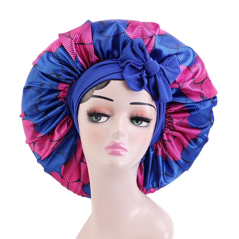 New Arrival Extra Size Satin Bonnets with Long Wide Band Ankara Floral Print Sleeping Cap Adjustable Women Bonnet