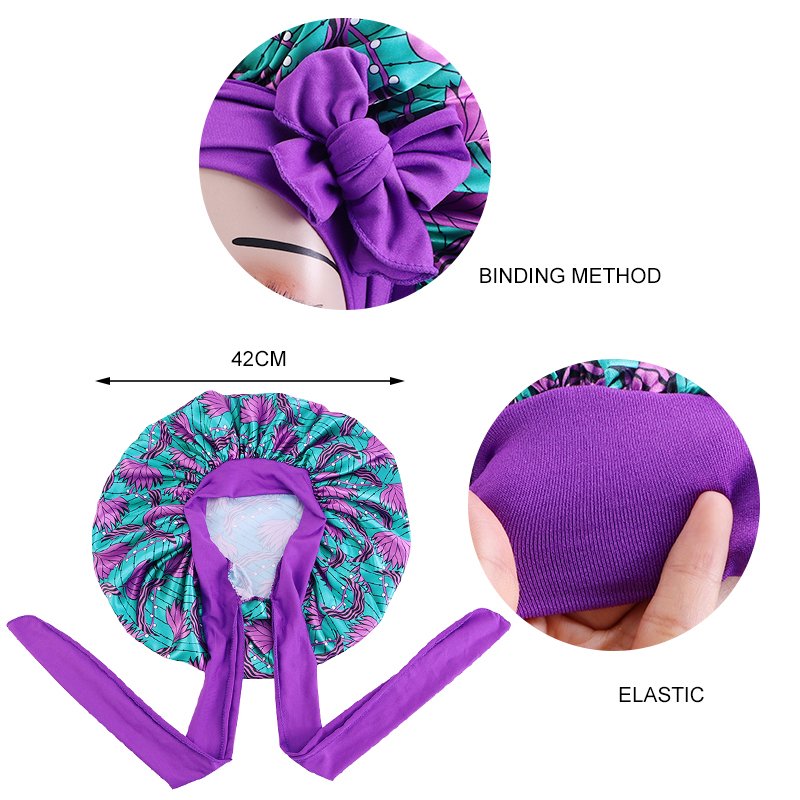 New Arrival Extra Size Satin Bonnets with Long Wide Band Ankara Floral Print Sleeping Cap Adjustable Women Bonnet