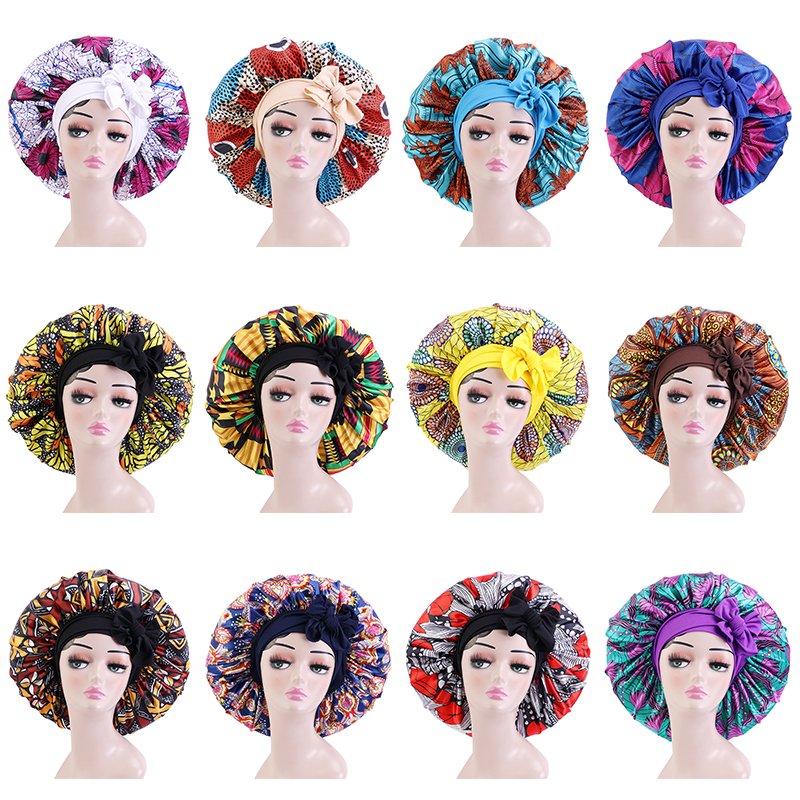New Arrival Extra Size Satin Bonnets with Long Wide Band Ankara Floral Print Sleeping Cap Adjustable Women Bonnet
