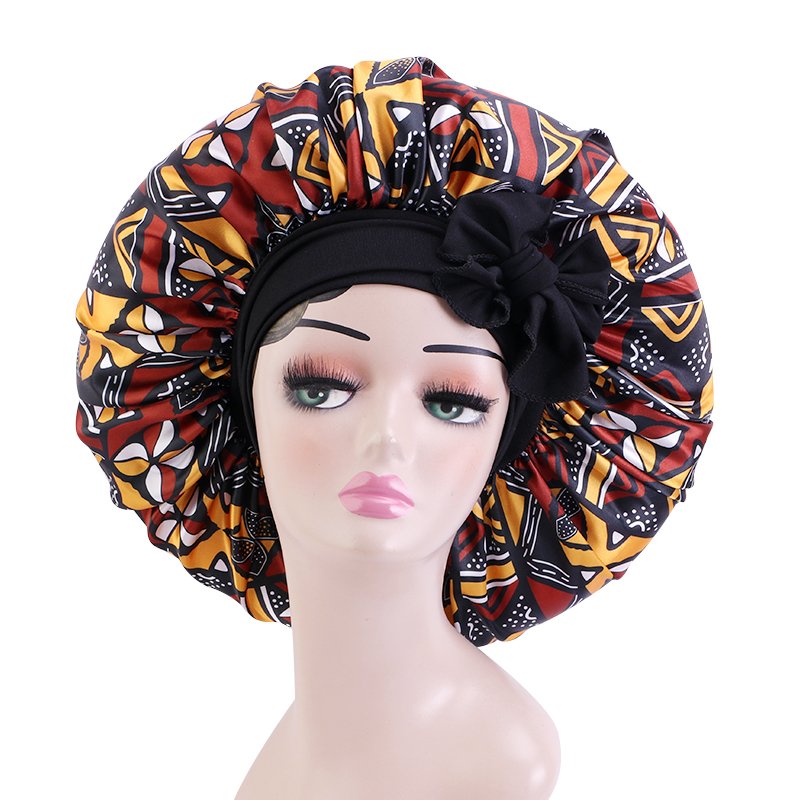 New Arrival Extra Size Satin Bonnets with Long Wide Band Ankara Floral Print Sleeping Cap Adjustable Women Bonnet