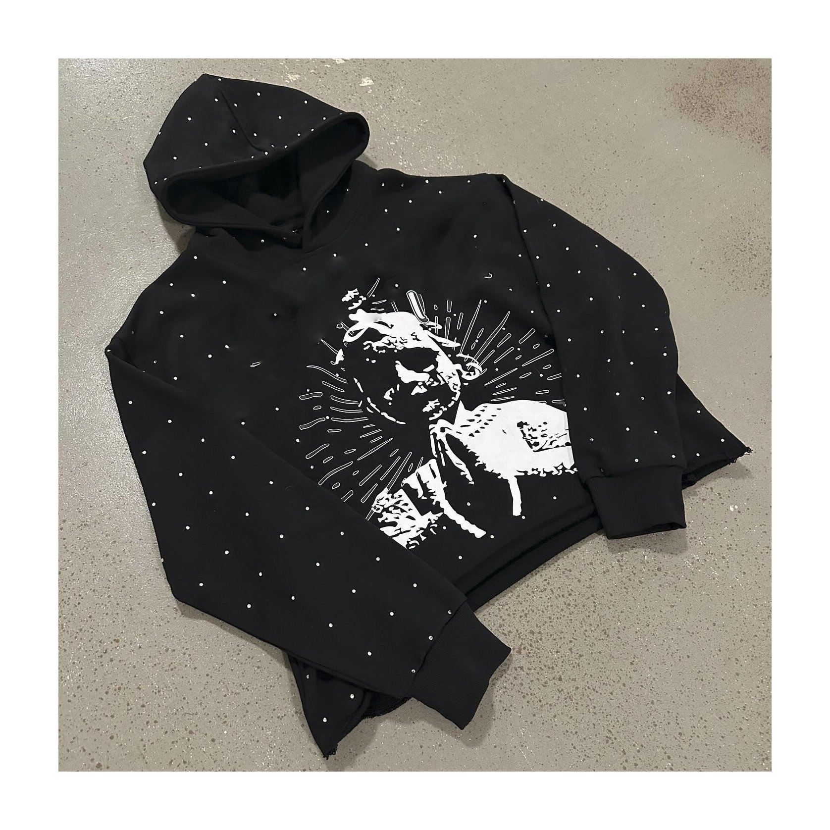 High Quality Design Street Acid Wash Vintage Screen Print Hoodie Oversized Rhinestone Hoodie Heavyweight 100% Cotton Hoodie