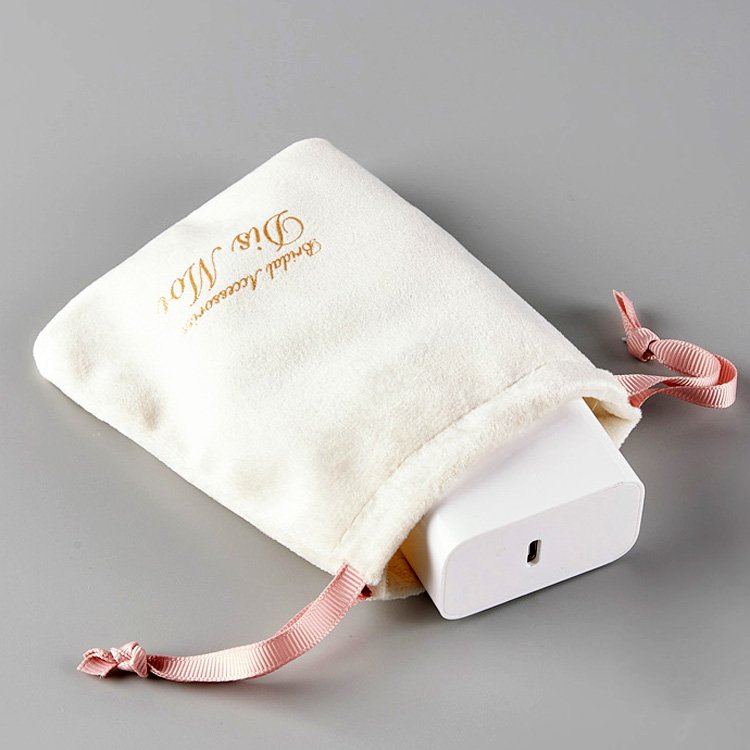 Hot stamping gold foil logo beige soft custom velvet gift bags jewelry drawstring for necklace rings packaging velvet dust pouch