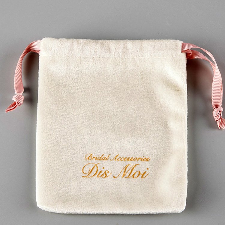 Hot stamping gold foil logo beige soft custom velvet gift bags jewelry drawstring for necklace rings packaging velvet dust pouch