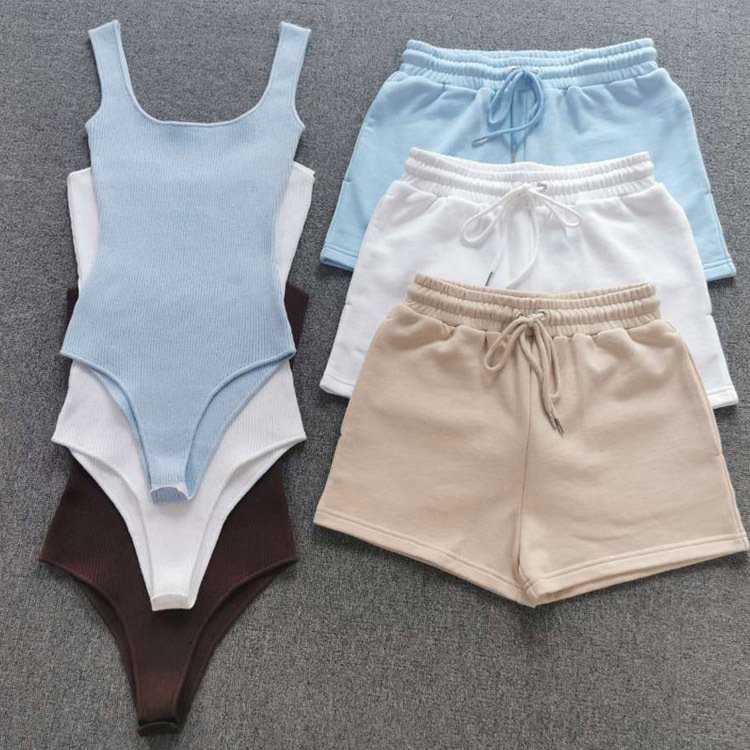 2024 Custom Designer Women Summer One Piece Jumpsuits two piece White Workout Tank Thong Camisole short Bodysuit Set