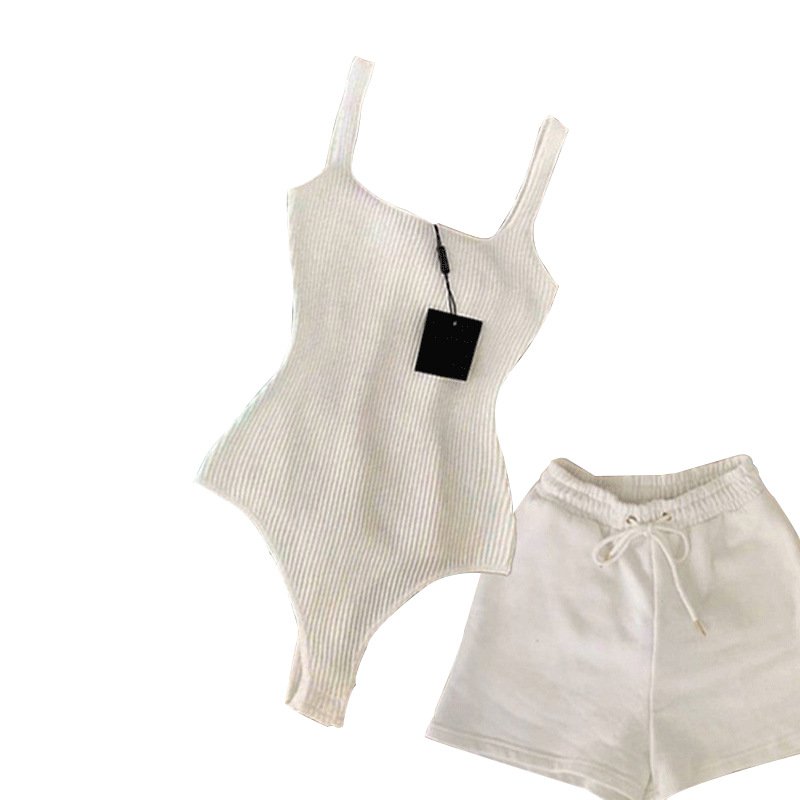 2024 Custom Designer Women Summer One Piece Jumpsuits two piece White Workout Tank Thong Camisole short Bodysuit Set