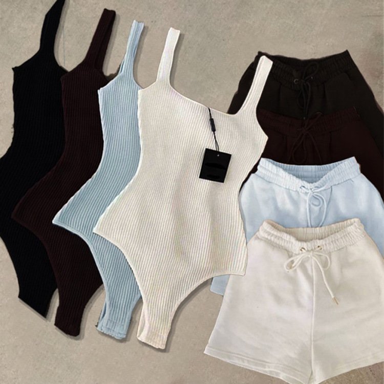 2024 Custom Designer Women Summer One Piece Jumpsuits two piece White Workout Tank Thong Camisole short Bodysuit Set