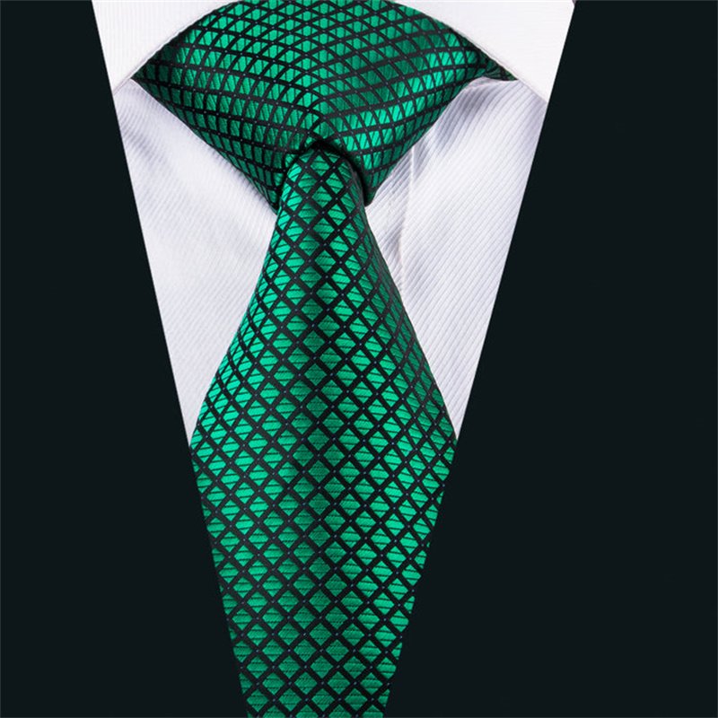 Formal Casual Luxury Business Fashion Necktie Dark Green Woven Jacquard Plaid Silk Tie Pocket Square Cufflinks Set For Wedding