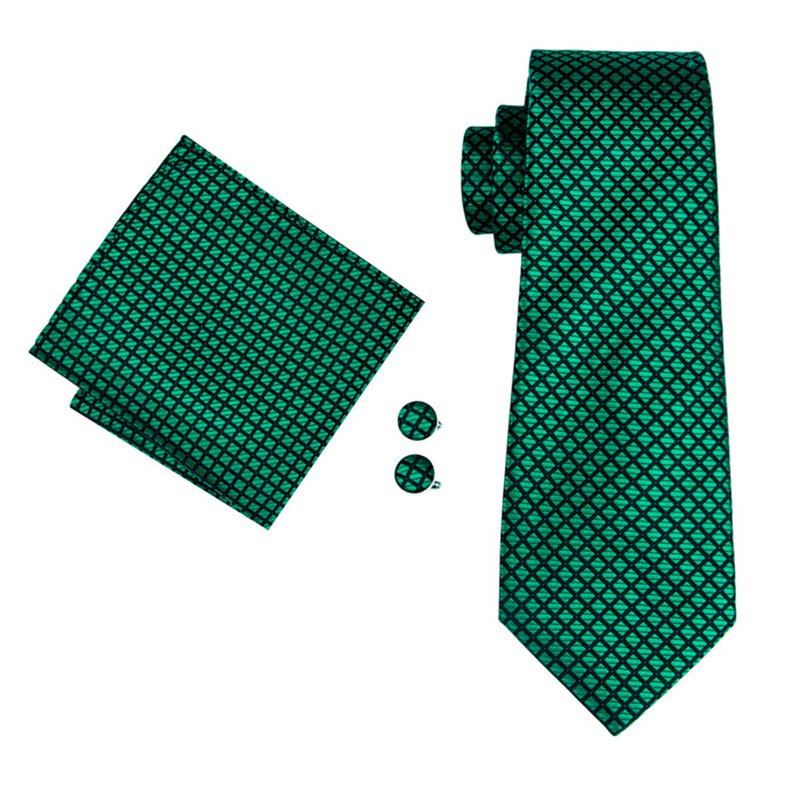 Formal Casual Luxury Business Fashion Necktie Dark Green Woven Jacquard Plaid Silk Tie Pocket Square Cufflinks Set For Wedding