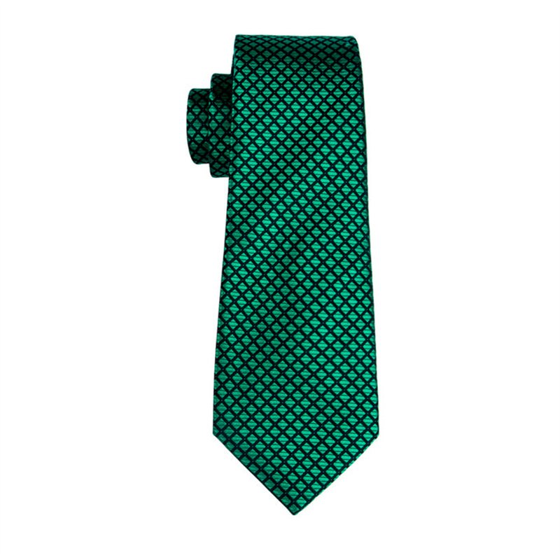 Formal Casual Luxury Business Fashion Necktie Dark Green Woven Jacquard Plaid Silk Tie Pocket Square Cufflinks Set For Wedding