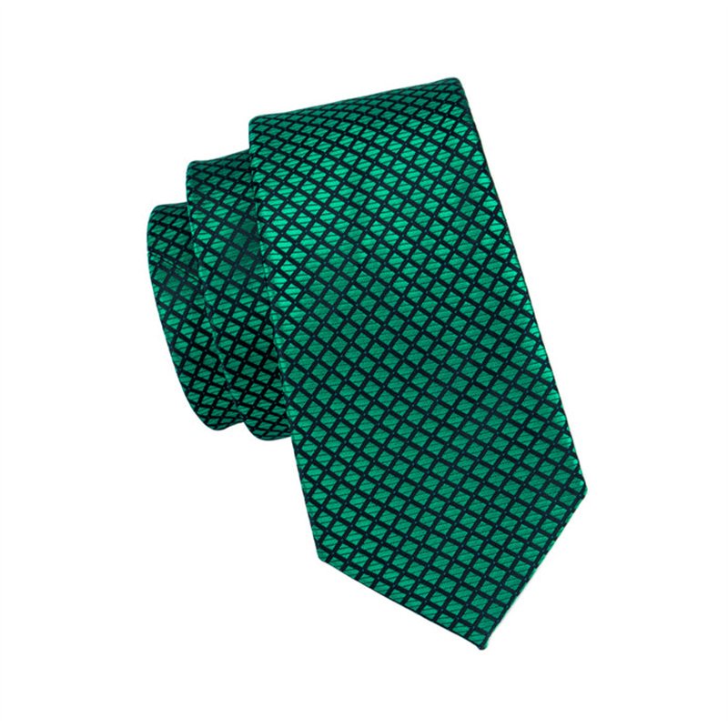 Formal Casual Luxury Business Fashion Necktie Dark Green Woven Jacquard Plaid Silk Tie Pocket Square Cufflinks Set For Wedding