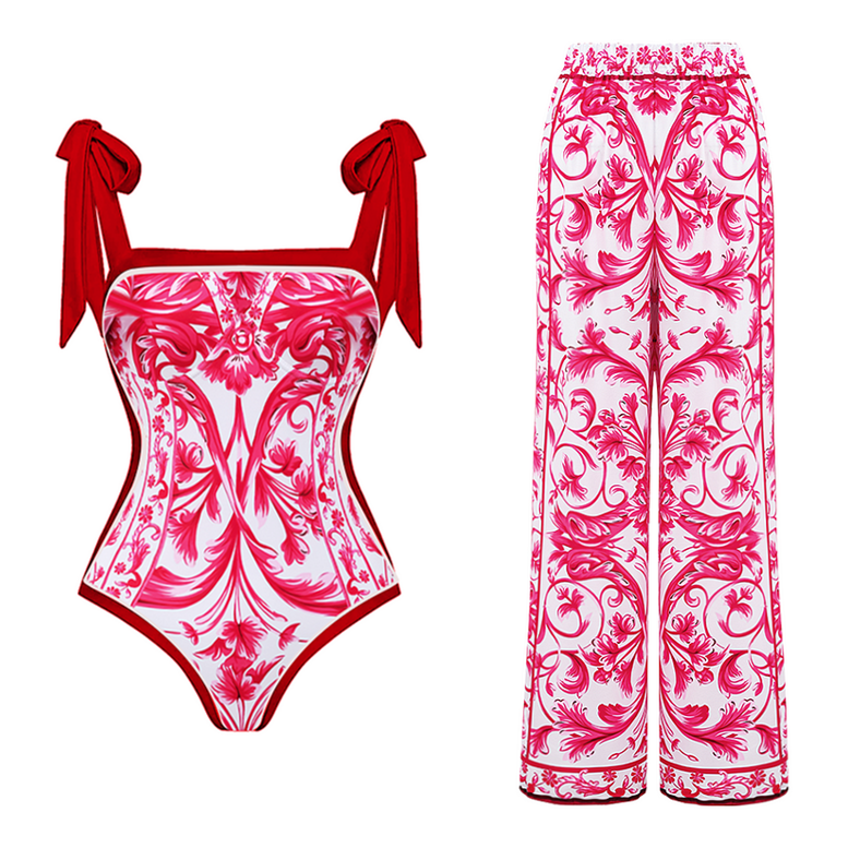 Bestway OEM custom logo label/tag/print Reversible Tie-shoulder Baroco Style Printed One Piece Swimsuit and Skirt/pant for women