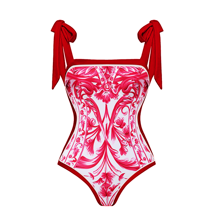 Bestway OEM custom logo label/tag/print Reversible Tie-shoulder Baroco Style Printed One Piece Swimsuit and Skirt/pant for women