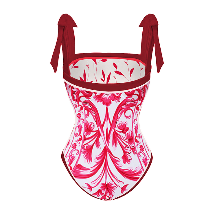 Bestway OEM custom logo label/tag/print Reversible Tie-shoulder Baroco Style Printed One Piece Swimsuit and Skirt/pant for women