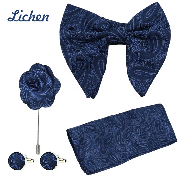 Handmade Bow Tie Set With Pocket Square Handkerchief Brooches and Cufflinks For Men