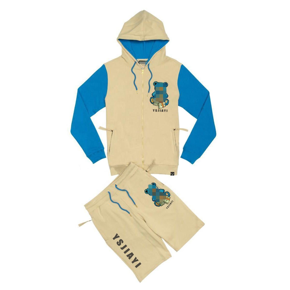 Custom mens sweat short casual tracksuit jogging two tone plain sweatsuit men hoodie shorts set