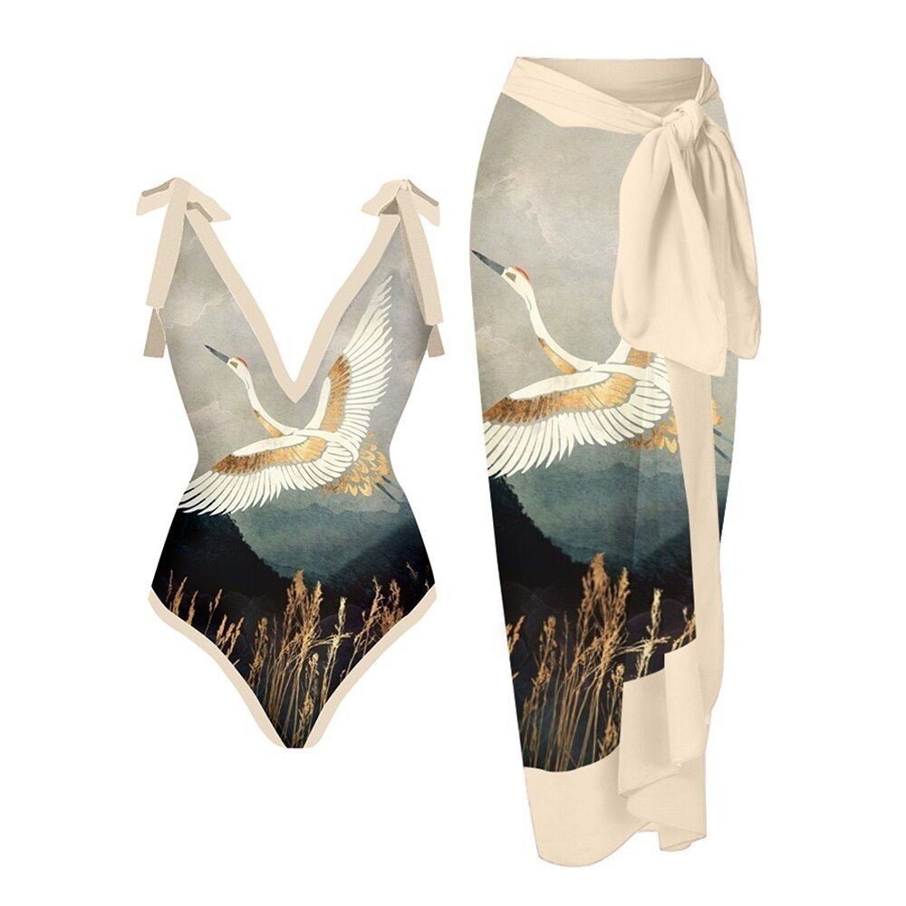 custom two piece swimsuit swimwear beachwear floral Chiffon Dress bikini cover up swimwear skirt