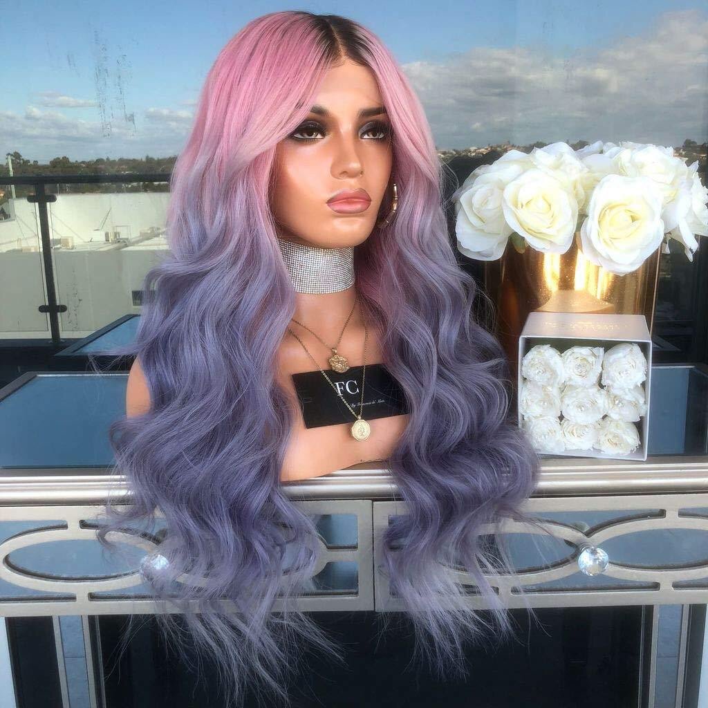 Ombre Wigs Long Curly Women Synthetic Wigs New Pink and Purple Short Synthetic Hair Daily Large Heat Resistant Monofilament 18in