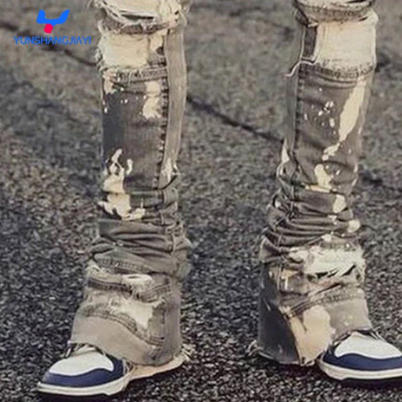 YSJY manufacturer heavyweight vintage faded wash raw hem frayed high quality flared denim jeans men custom stacked Y2K jeans