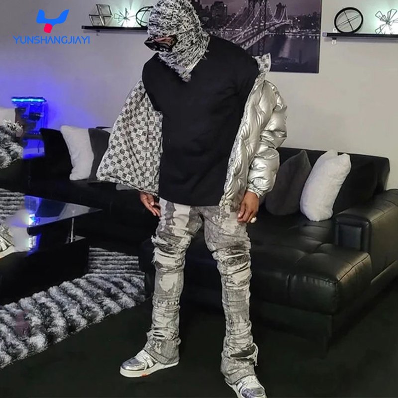 YSJY manufacturer heavyweight vintage faded wash raw hem frayed high quality flared denim jeans men custom stacked Y2K jeans