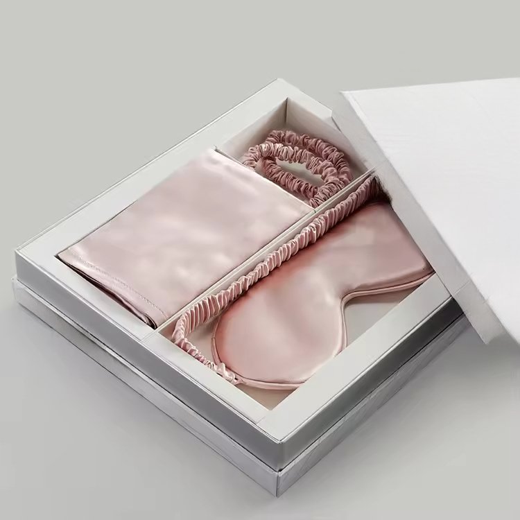 Custom logo pure silk pillowcase scrunchie with box hair tie 100% mulberry silk sleep eye mask and pillow case set