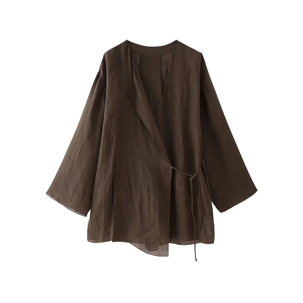 Women Fashion With Tied Loose Kimono Blouses And High Elastic Waist Straight Pants Female Two Piece Sets Mujer